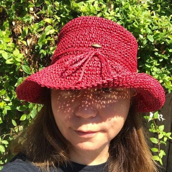 Scala Vintage Summer Hat Red Paper Straw Crochet - image 7