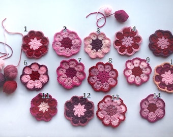 Crochet floral applique, rose quartz african flowers, flower embellishments,pink red burgundy rose shade,wool acrylic blend,craft supply