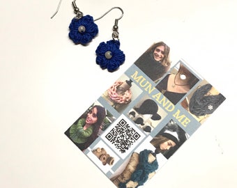 Crochet floral mini dangle earrings blue cotton center bead