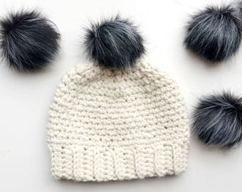 Gift for her, white hats, hat for women, hat with faux fur pompom, faux fur poms hat, gift for mom, snow hat, winter fashion