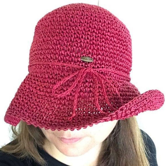 Scala Vintage Summer Hat Red Paper Straw Crochet - image 1