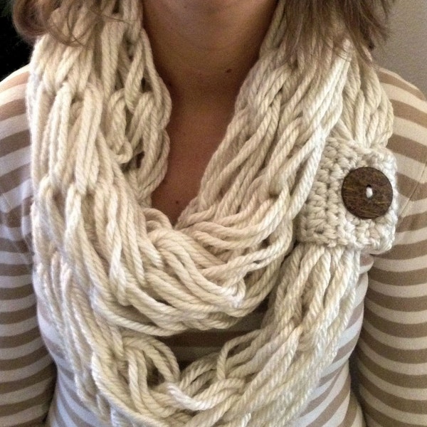 Chunky knit scarf  Boho Style, arm knitted , infinity, circular scarves, armknited cowl, Holiday Fashion, Cream,brown coconut button