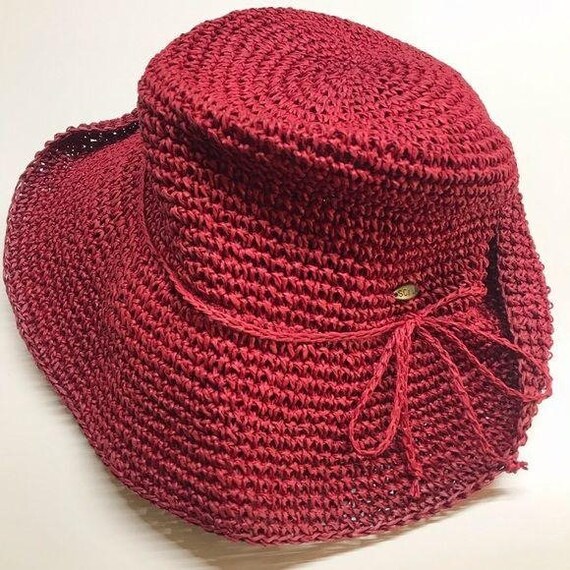 Scala Vintage Summer Hat Red Paper Straw Crochet - image 2