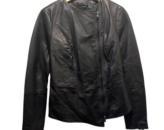 Authentic Vintage De Luxe Italian Black Leather Jacket Sz Women 44 M Zippers