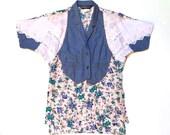 MERIVALE Vintage 1980s 39 Merivale 39 patchwork denim and floral print shirt with lace, appliqué and stud detailing Made in France