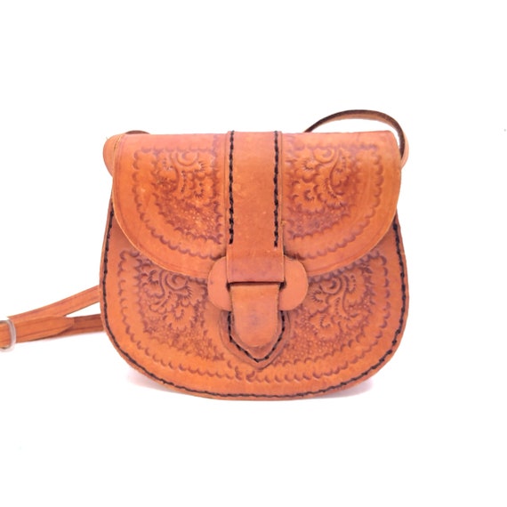 Crossbody Light Brown Purse Hand Tooled Bag Embossed Leather Geometric Floral Handbag