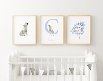 Personalised Baby Name Print // Boy Name Art // Baby Shower Gift // Boys Nursery Print // Wolf Pup  // Nursery decor - DIGITAL PRINT