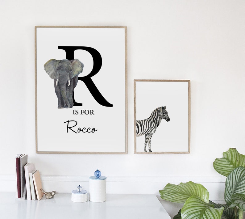 Elephant Safari nursery art for boys, Baby Boy Elephant Prints, Personalised Nursery Print, Zebra Print, Boys Nursery Print, Digital Print image 2