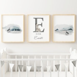 Juego de impresión digital Winter Wolf, con impresión de nombre personalizada, arte con nombre de bebé niño, impresión de nombre personalizada como regalo de baby shower, decoración de guardería