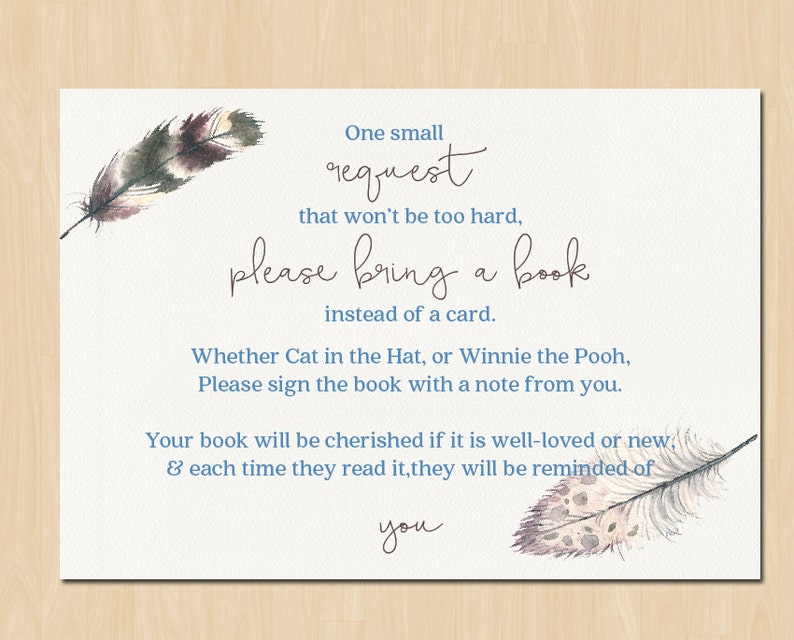 Printable Bring A Book Poem For Baby Shower Bohemian Feather Watercolor Blue Brown Uni Card