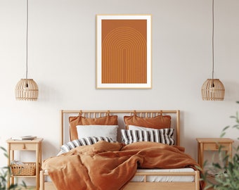 Printable Boho bedroom print, Digital art print in a burnt orange arch design, modern twist on mid century art style. For the modern nursery