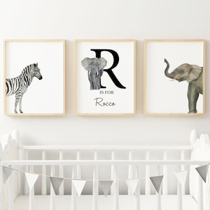 Elephant Safari nursery art for boys, Baby Boy Elephant Prints, Personalised Nursery Print, Zebra Print, Boys Nursery Print, Digital Print image 1