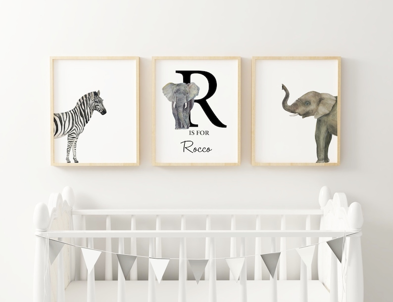 Elephant Safari nursery art for boys, Baby Boy Elephant Prints, Personalised Nursery Print, Zebra Print, Boys Nursery Print, Digital Print image 1