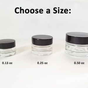 3 Pack of Tiny Jars Clear Glass with Black Lids Three Sizes Available Reusable Recyclable Small Containers for Cosmetics