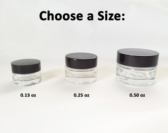 3 Pack of Tiny Jars Clear Glass with Black Lids Three Sizes Available Reusable Recyclable Small Containers for Cosmetics