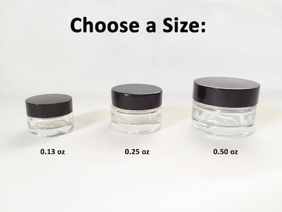 3 Pack of Tiny Jars Clear Glass With Black Lids Three Sizes