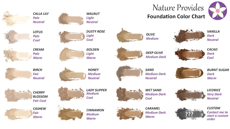 May include: Nature Provides Foundation Color Chart displaying twenty-four powder swatches in various skin tones ranging from pale to very dark. Each swatch is labeled with a name, shade intensity, and undertone, including Calla Lily, Walnut, Lotus, Dusty Rose, Cream, Golden, Birch, Honey, Olive, Deep Olive, Vanilla, Cacao, Cherry Blossom, Lady Slipper, Sand, Burnt Sugar, Cashew, Cinnamon, Caramel, and Licorice.