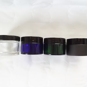 Small Jar with Lined Lid Thick Glass Cosmetic Container Choose Blue Black or Clear 1 oz Volume Reusable Recyclable No Minimum Order