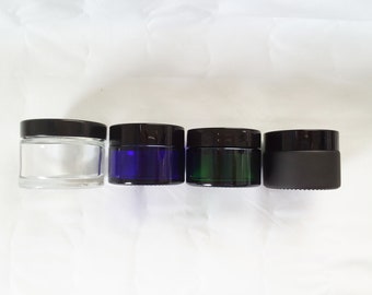 Small Jar with Lined Lid Thick Glass Cosmetic Container Choose Blue Black or Clear 1 oz Volume Reusable Recyclable No Minimum Order