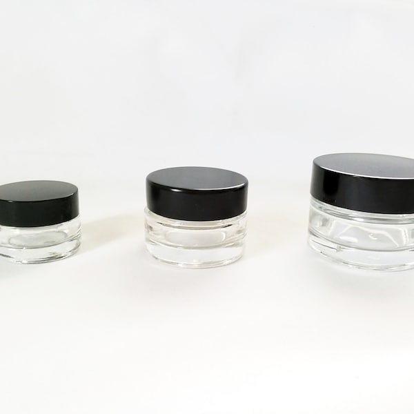 Tiny Jar Thick Glass Container Small Sizes Clear Black Plastic Lids Reusable Recyclable No Minimum Order for Homemade Cosmetics and More