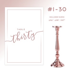 PRINTABLE Table Numbers #1-30: ROSE GOLD, Available in 4x4, 4x6, 5x7 Sizes, Calligraphy, Modern Wedding, Faux Metallic