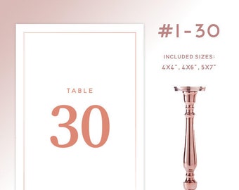 PRINTABLE Table Numbers #1-30: ROSE GOLD, Available in 4x4, 4x6, 5x7 Sizes, Calligraphy, Modern Wedding, Faux Metallic