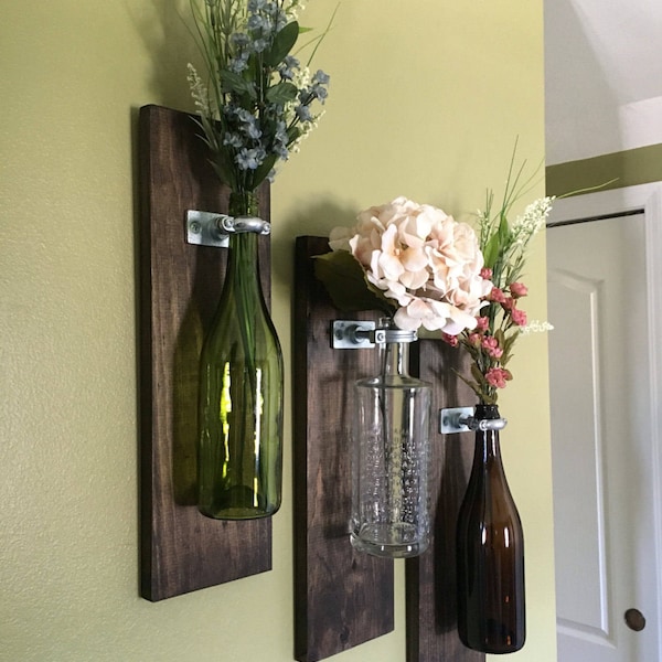 Wine Bottle Wall Vases – Single Vase or Sets of 2, 3, 4: BOTTLE NOT INCLUDED, Add Your Own Special Bottle & Flowers!