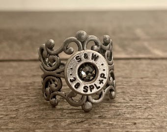 Gun Metal filligree ring, bullet jewelry, filligree bullet ring, adjustable bullet ring