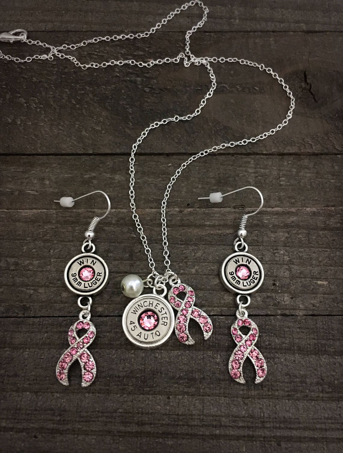 Pink Ribbon Necklace Pink Ribbon Earrings Pink Ribbon Etsy