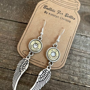 Bullet jewelry, bullet dangle earrings, bullet earrings,  silver wing cowboy and angel dangle, angel wing earrings