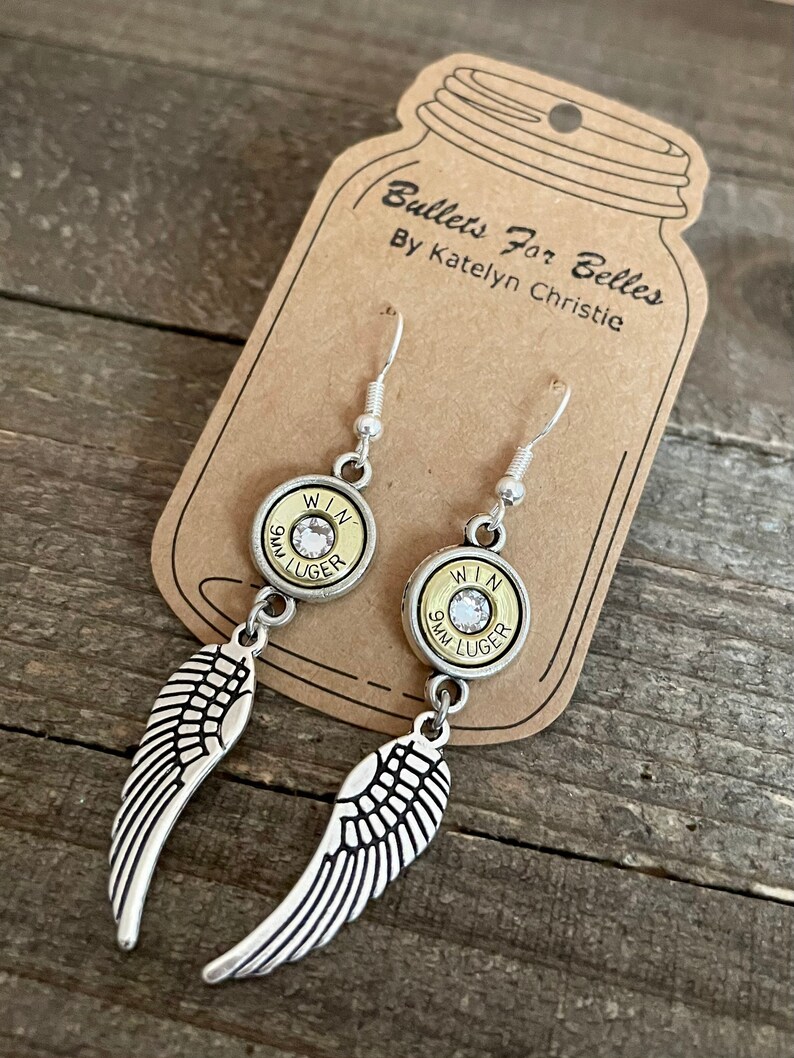 Bullet jewelry, bullet dangle earrings, bullet earrings,  silver wing cowboy and angel dangle, angel wing earrings 