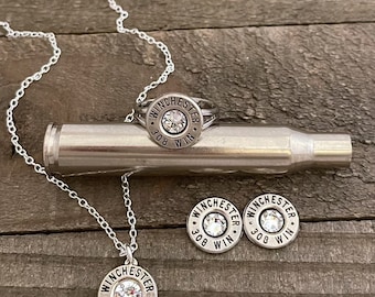 bullet necklace, ring, earring set, dainty necklace, 9mm necklace, bullet jewelry, bullet jewelry set