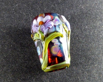 Purple Flowers Focal Lampwork Glass Bead -  Topaz and Silver Foil Core - Green Twisted Vines -SRA Handmade Art Glass Bead #554