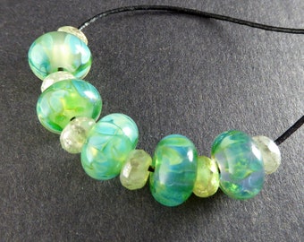 Soft Pale Blue Green Turquoise Translucent Lampwork Glass Beads - Set of 5 - Frit Bracelet Beads - Hand Made Art Glass Beads - SRA OOAK #527
