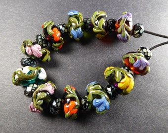 Spring Flowers Lampwork Glass Beads Set of 11 plus 12 Czech spacers - Jewelry Designer Beads - Hand Made - Art Glass Beads - SRA OOAK #555