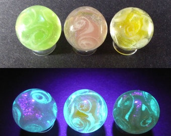 Set of 3 glow-in-the-dark lampwork glass marbles in "Easter" spring shades of pastel green, pale pink and soft yellow -Grandparent bait #568