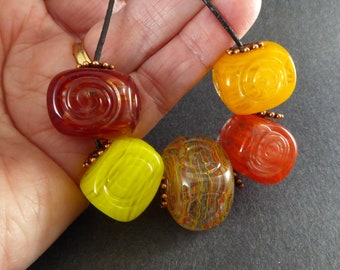 Hollow Lampwork Glass Beads Set of 5 - Yellow & Orange Shades - Square - Spiral Stamped - Solid Glass Core - Hand Made Art Glass Beads #485