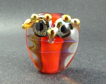 Bright Pink Orange Ghost Spiral Lampwork Glass Owl Bead Dichro Sparkle Eyes - Gold Trim - Handmade OOAK Lampwork Art Glass Focal Bead #420