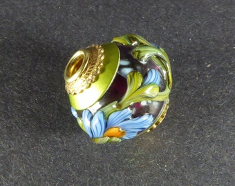 Blue Flowers Big Hole Focal Lampwork Glass Bead - Brass Cored and Capped - Purple Core - Green Vines -SRA Handmade Large Hole Bead #553