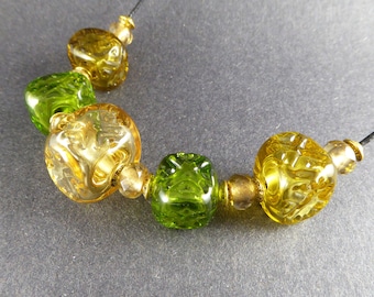 Hollow Lampwork Glass Beads Set of 5 - Gold and Green - Square - Criss Cross Stamped - Solid Glass Core - Hand Made - Art Glass Beads #496