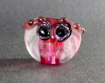 Pink Glass Angel Owl Bead - Diaphanous Feathered Lampwork Focal Bead - Handmade Glass Art Bead - Owl Pendant - SRA - OOAK #521