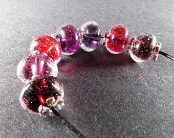 Shades of Pink and Purple Lampwork Glass Glowing Sparkle Dichro Rondelle Beads Set of 7 - Hand Made - Art Glass Beads - SRA OOAK #547