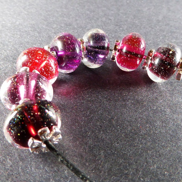 Shades of Pink and Purple Lampwork Glass Glowing Sparkle Dichro Rondelle Beads Set of 7 - Hand Made - Art Glass Beads - SRA OOAK #547