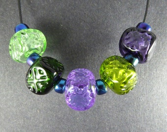 Hollow Lampwork Glass Beads Set of 5 - Green & Purple Shades - Square - Criss Cross Stamped Solid Glass Core Hand Made Art Glass Beads #487