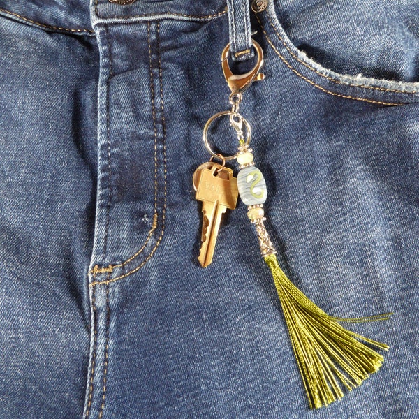 Streaky Denim Blue Lampwork Glass Bead Purse Tassel - Key Ring - Zipper Pull - Bag Charm - Clip On Pendant - Handmade Art Glass Bead #506