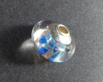 Blue and Silvered Amethyst Big Hole Focal Lampwork Glass Bead - Silver Cored and Capped - Swirled Frit - SRA Handmade Large Hole Bead #538