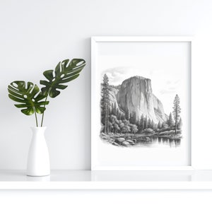 Beautiful El Capitan in Yosemite Pencil Drawing Art
