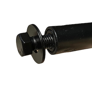May include: Black metal bolt with a washer and a hex nut. The bolt is threaded and has a smooth finish.