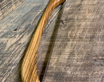 Zebrawood Bow Knife, Bread knife, Blade Cover Stainless Steel blade and screws.  Hand rubbed oil finish.