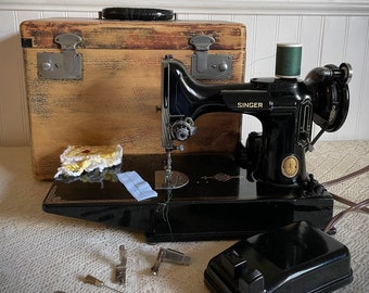 Singer Featherweight Sewing Machine 221 Singer 1953 - Carrying Case Power Cord Foot Pedal - Singer Machine Attachments Bobbin Case Needle